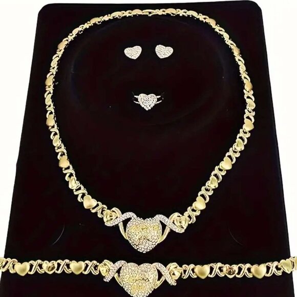 Brand New 4pc Golden Jewelry Set of a Necklace, Bracelet, Earrings & Ring - Picture 2 of 4